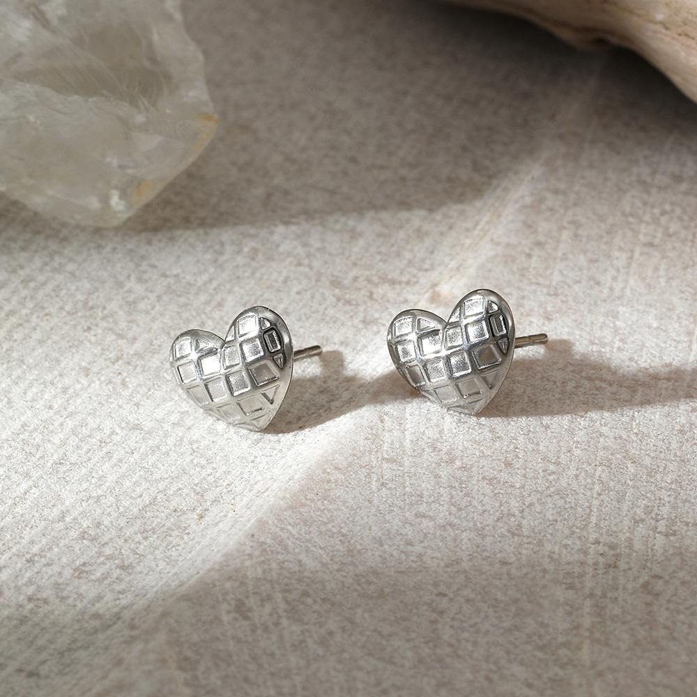 DIEYURO 316L Stainless Steel Golden Silver Double Grid Stripes Heart Earrings Lady Trend Classic Earbob Christmas Jewelry