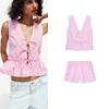 Bowknot Decoration Stripes V Neck Sleeveless Tops 3709521 Mid-Waist Stripes Stripes Poplin Shorts 3686521