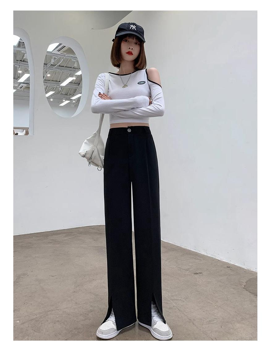 

Маленькие женские черные брюки-костюм микроклеш с разрезом спереди - Весенне-осенние брюки в пол с широкими штанинами для более высокого роста XS (60-79 kg)