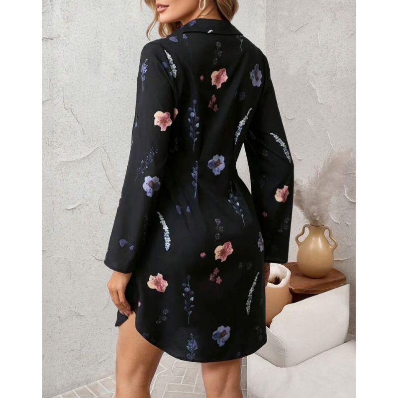 

Fashion Style Spring & Fall Female Retro Print Rolled Sleeves Waist-Controlled Long Sleeves Dress Button Cardigan Shirt Dress Skirt Black M