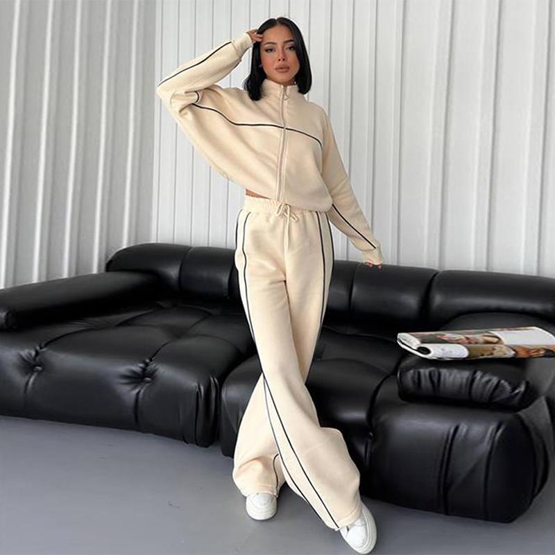 New Casual Set Women Longsleeved Half High Collar Cardigan Sweater Lace Up Striped Pants Women Clothing Fashion Two Piece Suits