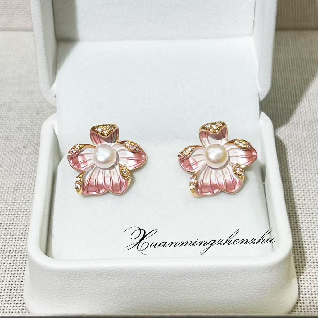 Natural Freshwater Pearl Earrings with 18K Gold Plated Frosted Flower Design and S925 Sterling Silver Needle