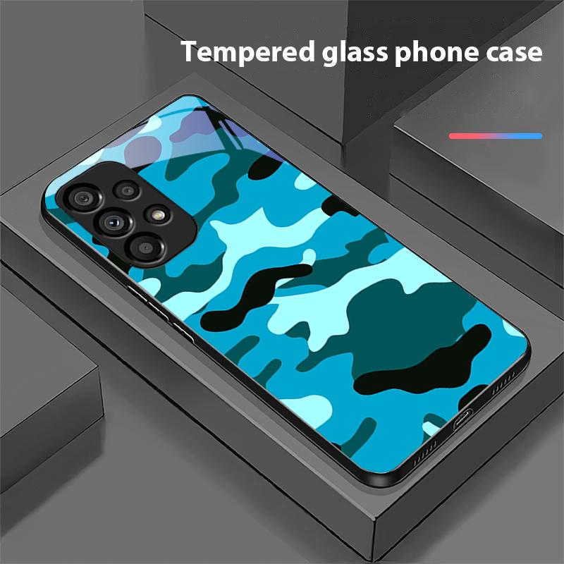 Camouflage Blue For Samsung Galaxy S10 20 Plus 21 FE 22 23 24 FE 25 Ultra Black Tempered Glass Phone Case Hard Shell