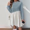 Women Long Sleeve A Line High Waist Pleated Color Block O Neck Long Dress Spring Summer