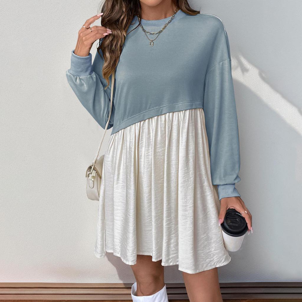 Women Long Sleeve A Line High Waist Pleated Color Block O Neck Long Dress Spring Summer