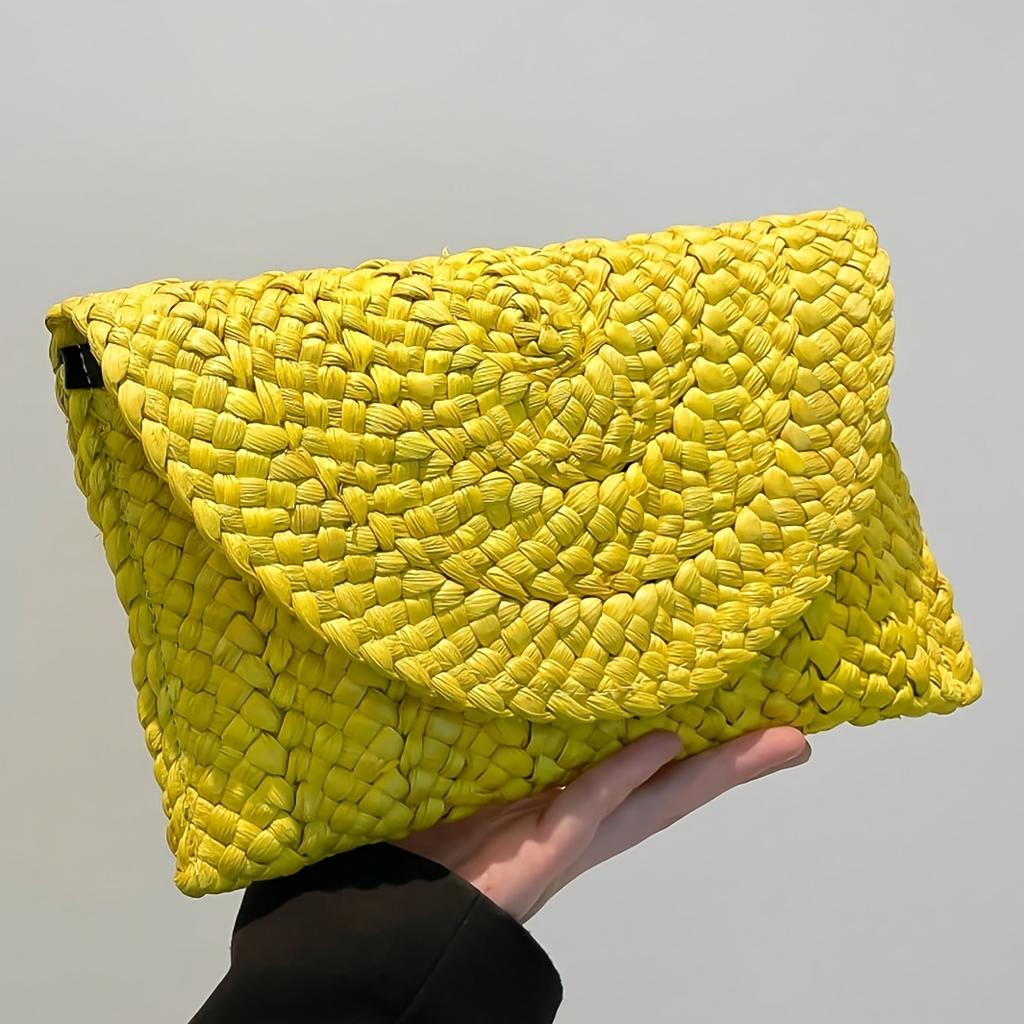 Corn Husk Woven Handbag for Women, Natural Straw Clutch Purse, Summer Vacation Minimalist Shoulder Bag,Solid Color Eco-Friendly