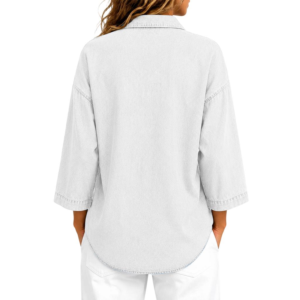 Women's Loose Fit Denim- Button Top with Three-Quarter Sleeves for Casual Everyday Wear