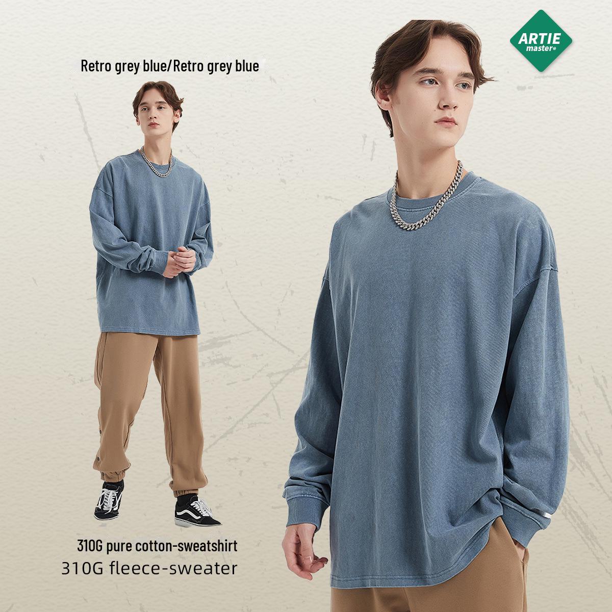 

ARTIE Мужская ретро-футболка с длинным рукавом, плотностью 310 г, с эффектом потертости | Свободный крой, однотонный M