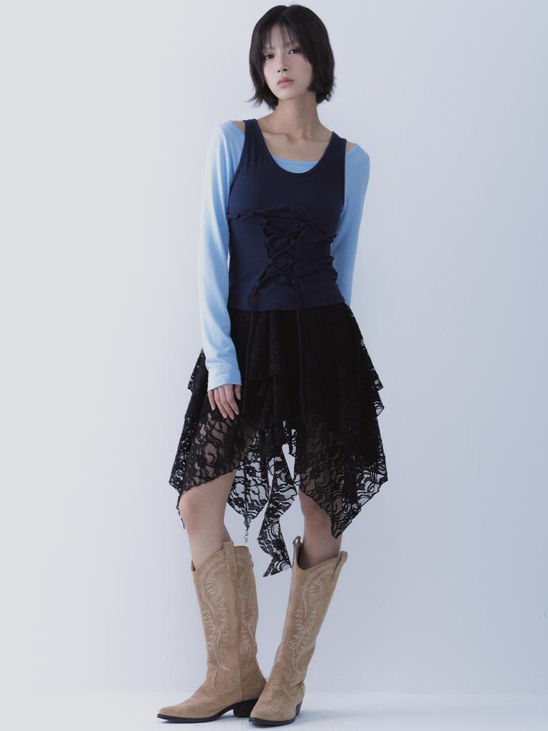 Cecese Lace Up Lace Skirt Black