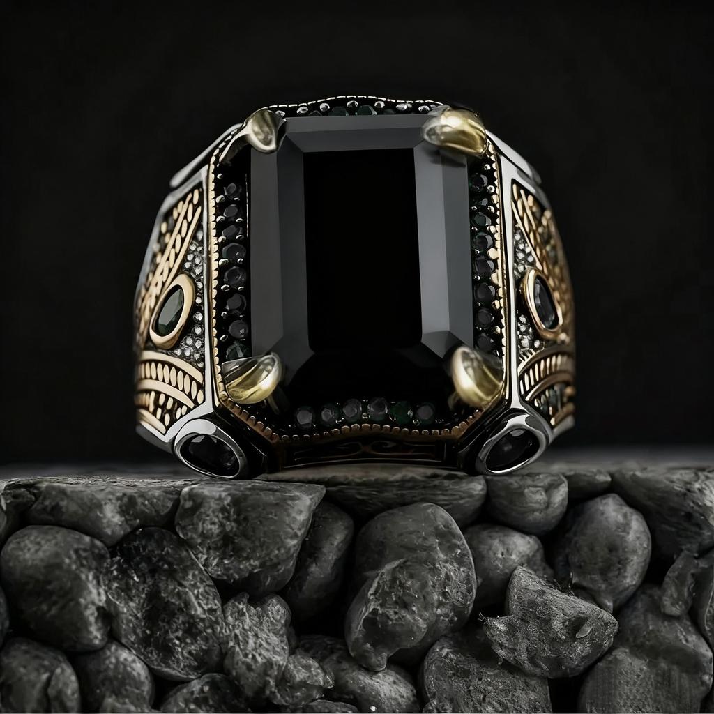 Retro Handmade Turkish Signet Rings For Men Ancient Silver Color Carved Eagle Ring Black Zircon Inlay New Punk Motor Biker Ring