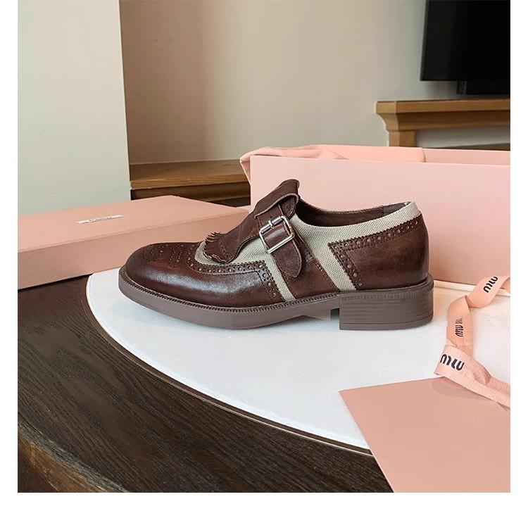 Grape Mother of the Same Style, Heavy Industry Horse Leather British Style Retro Thick Heel Fringed Carved Baroque Leather Shoes Women's Genuine Le