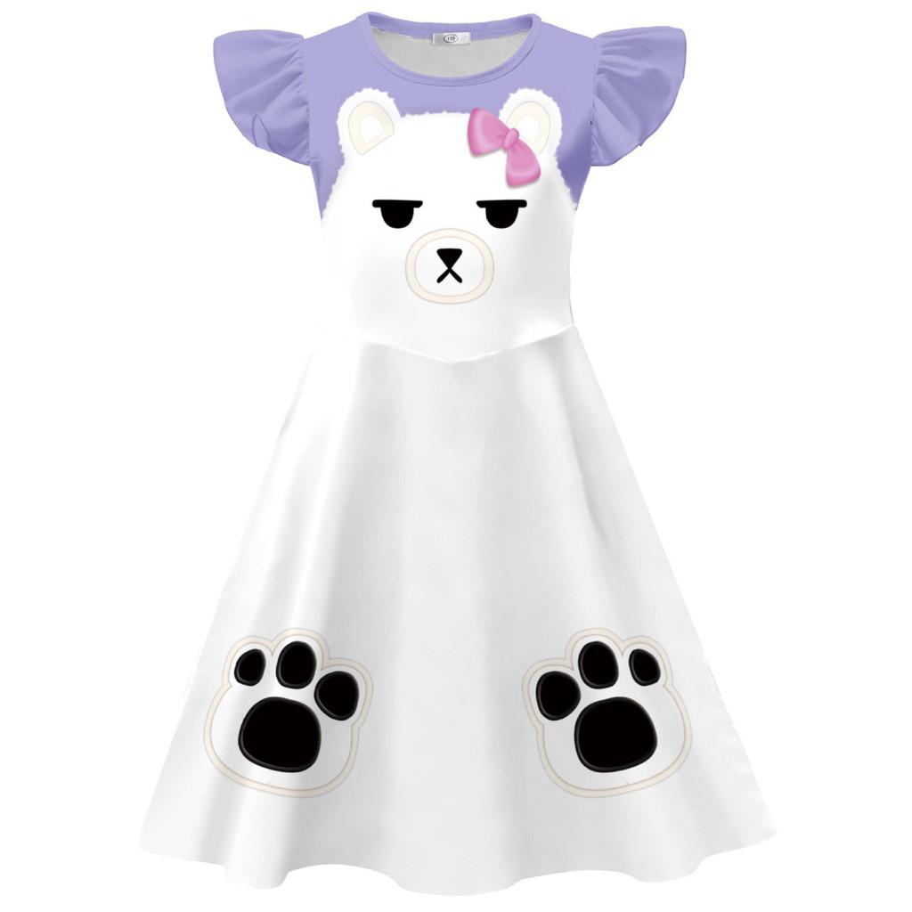 Kids Girls Anime Cartoon Printed Bear Pajamas Ruffle Dress Wig Set Halloween Cosplay Costumes