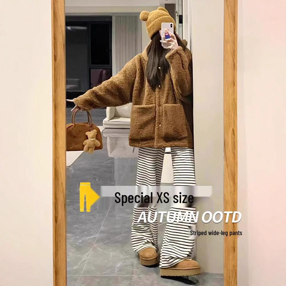 Lazy Style Black & White Striped Fleece-Lined Wide-Leg Pants: Petite-Figure Flattering, Autumn/Winter Casual Floor-Length Design