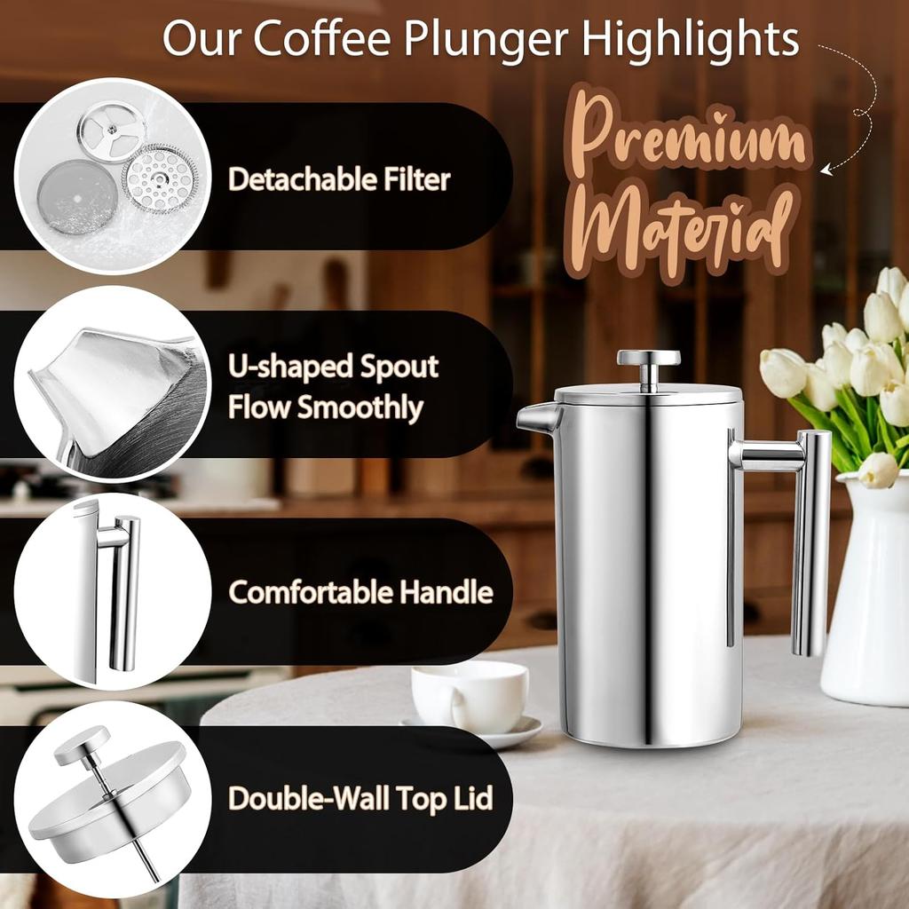 34oz French Press Coffee Maker, 1000ml Stainless Steel Double Insulated Cafetiere 8 Cup Espresso Coffee Press, Portable Coffee Plunger Pot for Home,