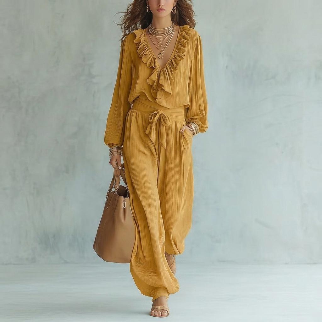 Tuta da donna con scollo a V, maniche lunghe, volant, vita alta, cintura da annodare, caviglie con polsini, per uso casual quotidiano