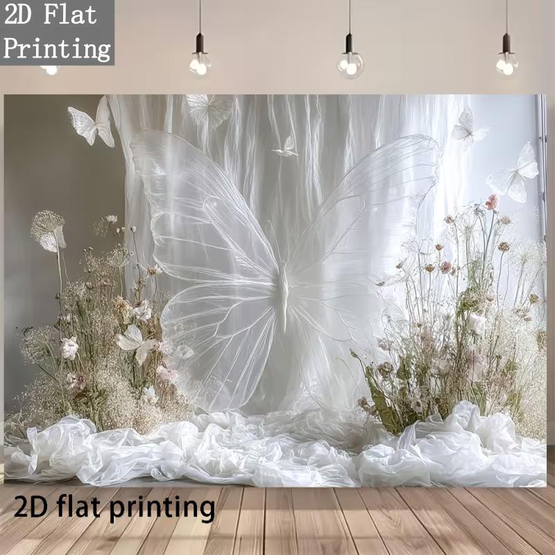 

2D Whimsical White Dried Flower & Butterfly Backdrop Elegant Party Prop 47.2x31.5inch/120*80cm