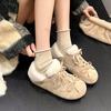 Lamb's Wool Women Flats Winter Bow Flat Bottomed Padded Warm Casual Cotton Shoes Round Toe Suede Lace Up Soft Sole Plush Shoes