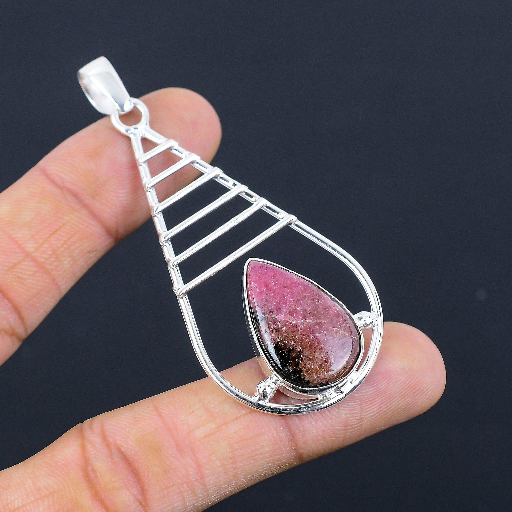 

Halloween Deal 925 Silver Pear Rhodonite Stone Handcrafted Boho Pendant Jewelry
