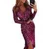 women's sequin wrap midi dress long sleeve deep v neck slim fit high slit party gown bodycon evening cocktail dress