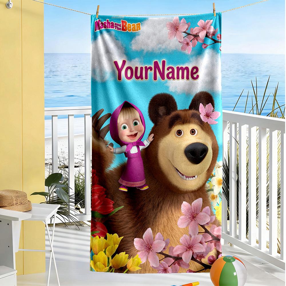 Masha Bear Customized Name Beach Towel Soft Durable Quick-Dry For Beach Bathroom Outdoor Swimming Pool Camping Picnic Yoga Diving Vacation Accessories