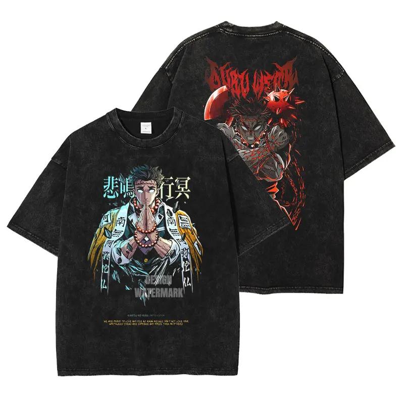 Anime fashion Demon Slayer Rengoku Kyoujurou Printed Tee Men High Quality Cotton Harajuku Male Manga Washed T-shirt