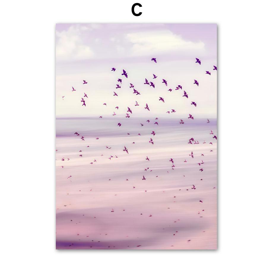 Purple Sea Beach Birds Reed Flower Landscape Wall Art Canvas Painting Posters And Prints Hotel Bar Picture for Living Room Decor