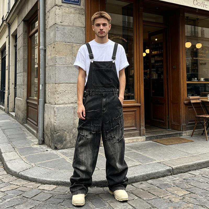European and American men`s denim overalls