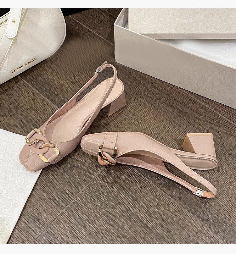 Temperament nude high heels fashion sandals 2025 new thick heel middle heel light mouth bright leather single shoes versatile
