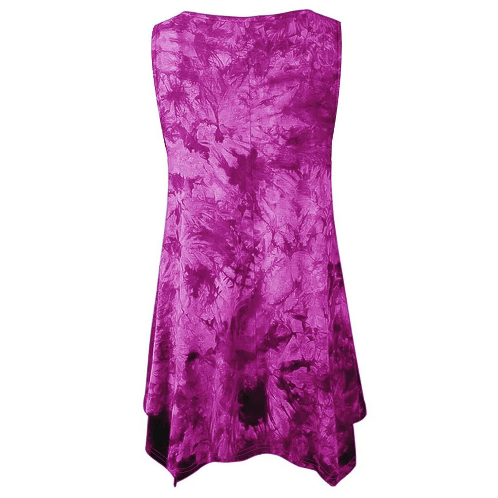 Summer Tie Dye Print V Neck Irregular Hem Sleeveless Plus Size T-shirt Top for Women