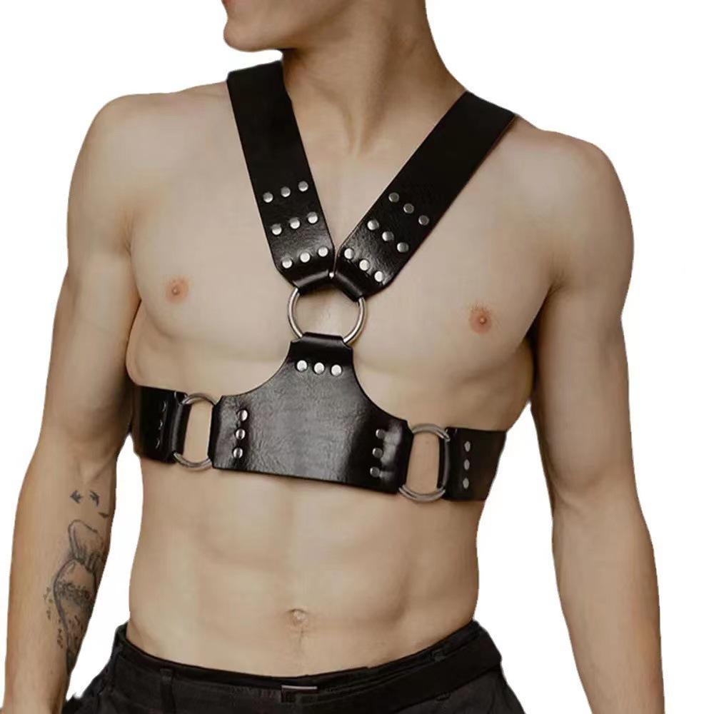 Adult men's bar erotic body restraints leather shoulder straps alternative tough guy performance SM props sexy bra
