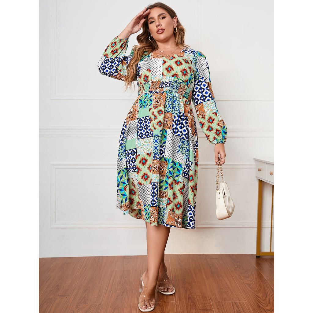 Floral Print Midi Dress for Women V-neck Long Lantern Sleeve High Waist Dress Work Club Party Fashion Dress Breathable Casual Lightweight Dress – buy the best products in the Coolbe online store