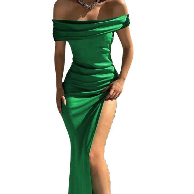 New Tight Dress Women's Solid Color Sleeveless Mid-length Boat Neck Dress Sexy Evening Dress