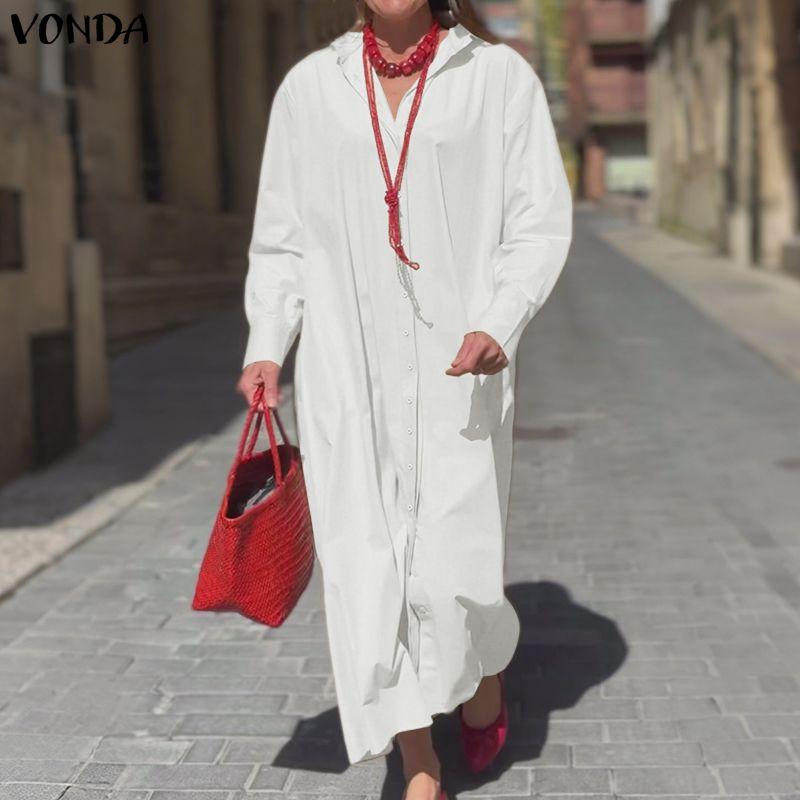 VONDA Women Elegant Lapel Neck Long Sleeve Baggy Pleated Casual Long Shirts Dress