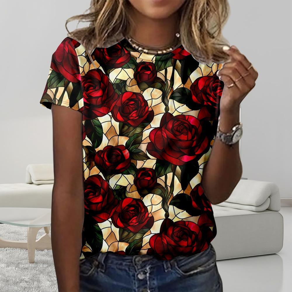 Floral Comfortable Stylish Simple Cartoon Short Sleeve T-Shirt Women's Digital Printing Slim Top