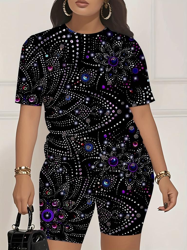 Color code European and American women's clothing painting printing T-shirt shorts set sports suit