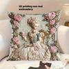 2D Flat Printing Elegant Pillow Cover With Vintage Lady Floral Design For Office Bedroom Living Room (No Insert One Side Print)