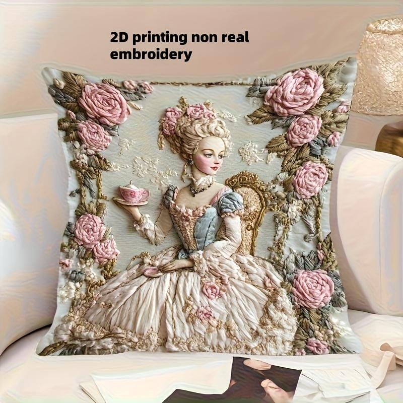 2D Flat Printing Elegant Pillow Cover With Vintage Lady Floral Design For Office Bedroom Living Room (No Insert One Side Print)