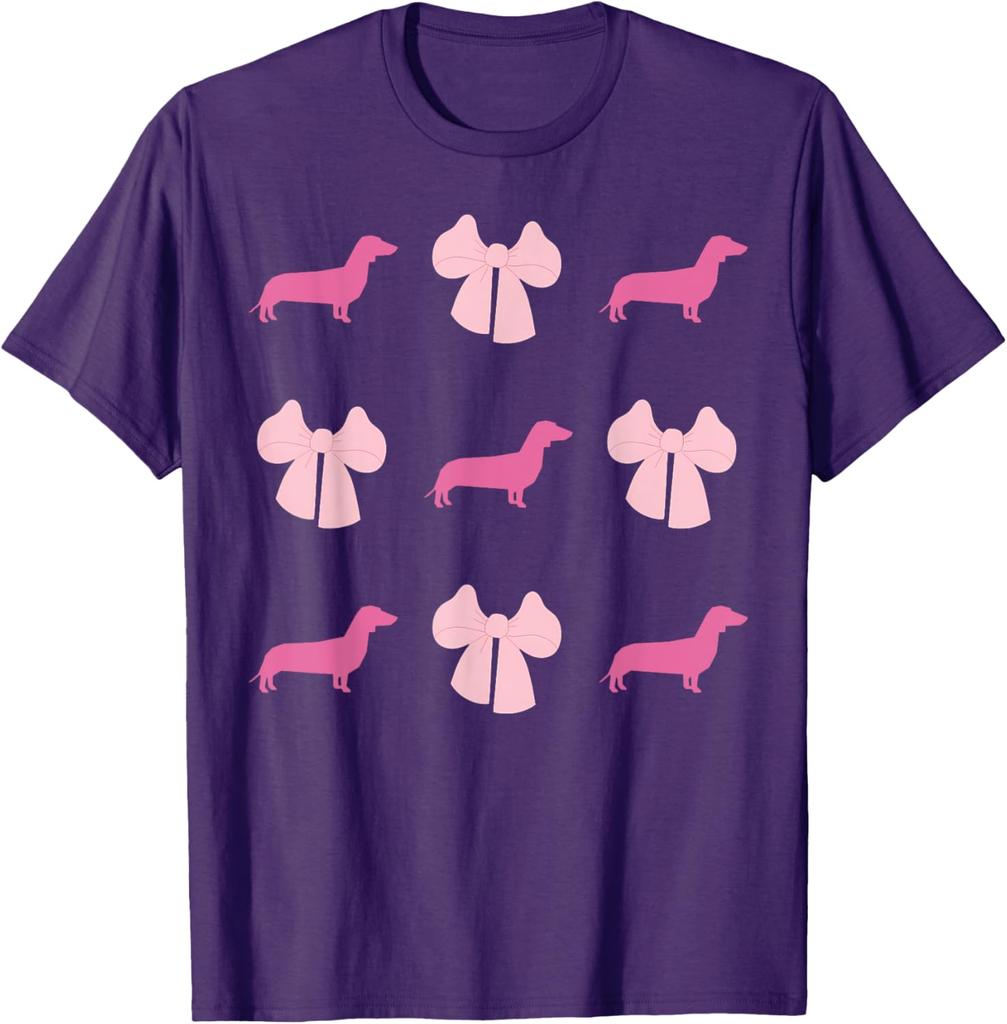Pink Dachshund Bow Pattern Graphic Tee Cute Wiener Dog Lover Short Sleeve T-Shirt