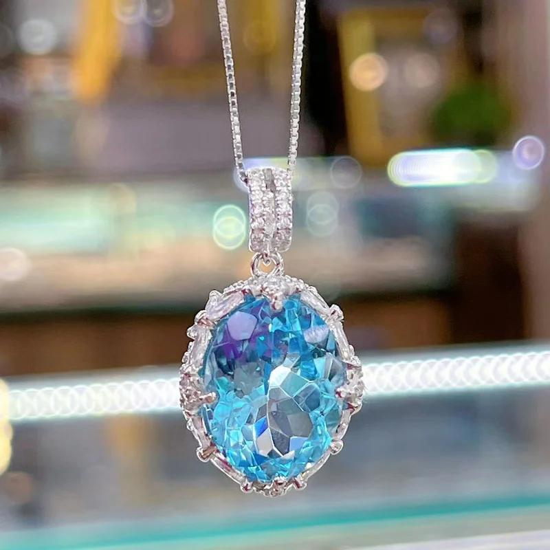 Sace Gems Natual Sky Blue Topaz Pendant 925 Sterling Silver Pendant Necklace for Women Everyday Party Fine Jewelry Gift