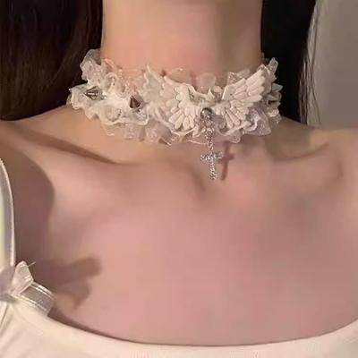 Sexy Black White Lace Lolita Choker Gothic Crystal Cross Pendant Angel Wings Rivet Necklace for Women Charm Party Jewelry Gift