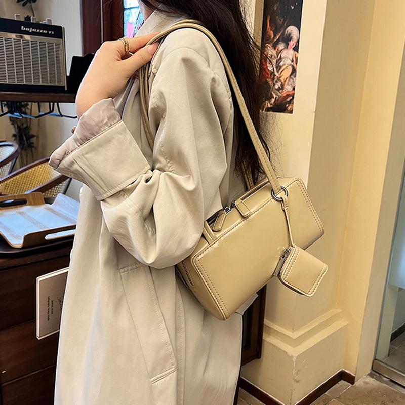 Women Fashion PU Leather Pillow Top Handle Shoulder Bags Retro Solid Color Underarm Bags With Small Purse Female Handbags ARI