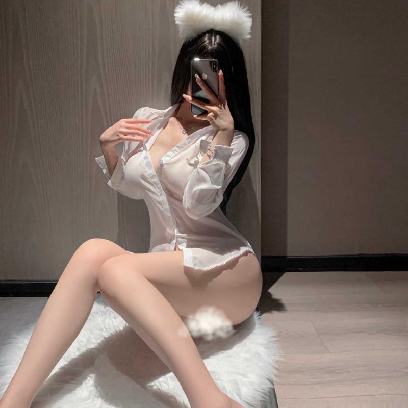 White Shirt Perspective Sexy Pure Desire Temptation Sexy Underwear Hot Free Boyfriend Style Open Placket Perspective Long-sleeved Pajamas