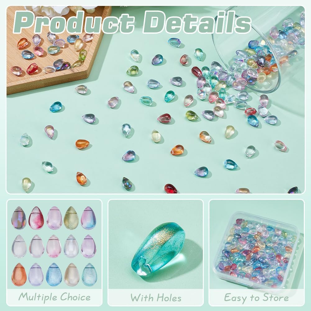 

PH PandaHall 150PCS Teardrop Glass Beads, 15 Colors Water Drop Crystal Glass Beads Colorful Loose Beads Charms Pendants for DIY Crafts Earring