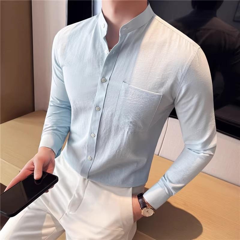 Stand Collar Men's Shirt High High Quality Long Sleeve Casual Business Dress Shirt Slim Fit Streetwear Men Clothing