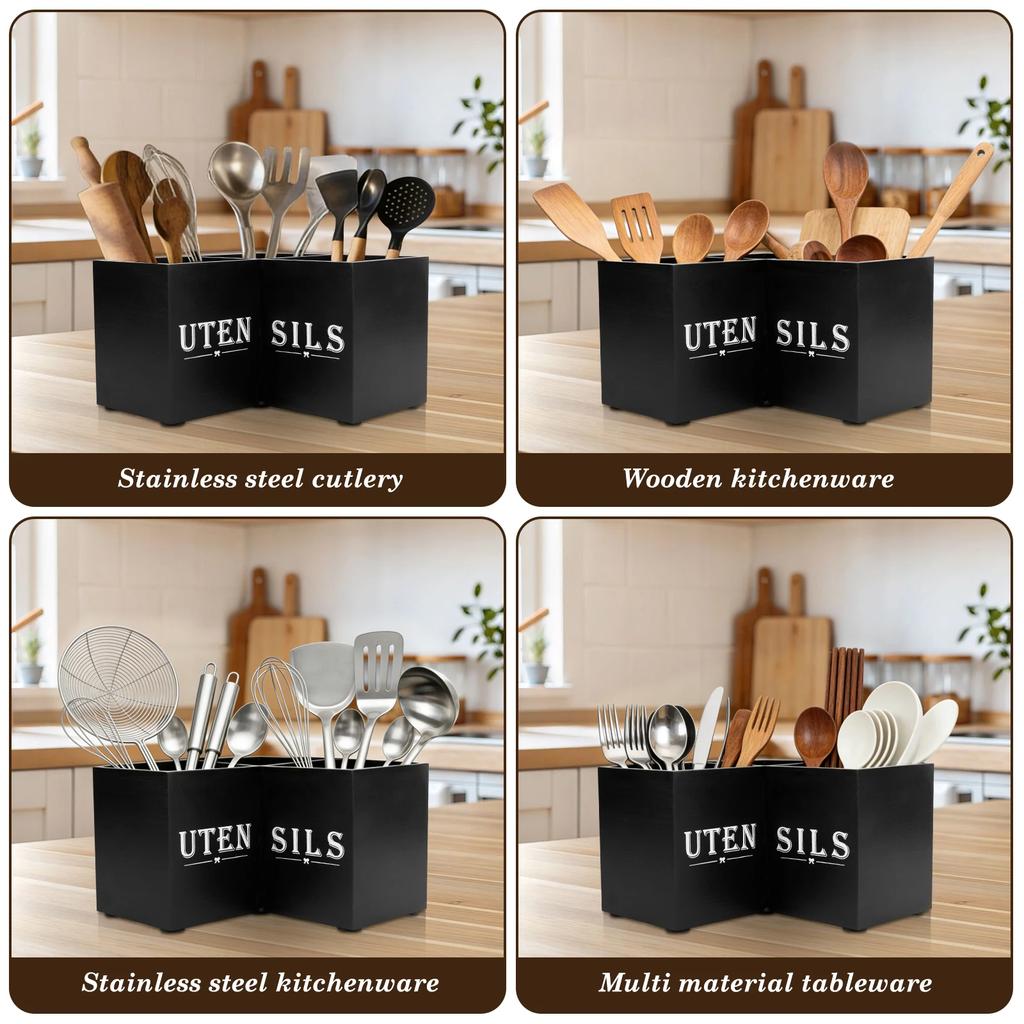 Kitchen Utensil Holder Wood Corner Utensil Caddy with 3 Compartments Vintage Countertop Storage Rack for Home Kitchen Decoration