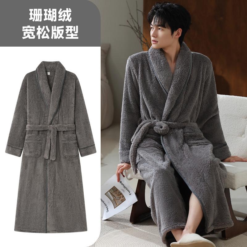 300G Autumn And Winter Nightgown Men'S Large Size Loose Bathrobe Coral Fleece Thickened Fleece Youth Loungewear Men