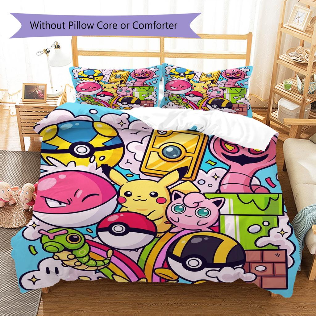 Pokemon Pikachu Pattern Bedding Quilt Set Quilt Cover Pillowcase Home Decoration Birthday Gift (1 * duvet cover + 2 * pillowcase, without core)