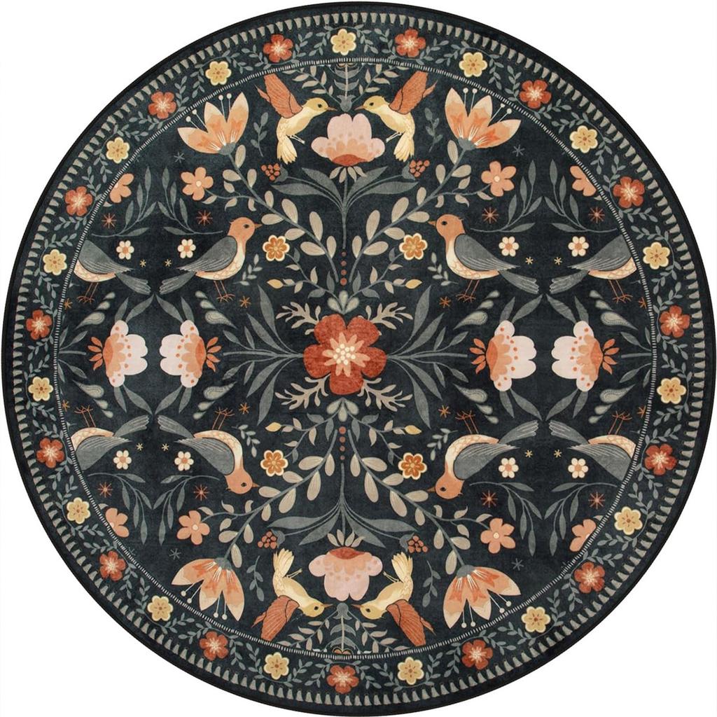 Decorative Floral Round Area Rug with Black Background Perfect for Adding a Touch of Nature To Your Living Space