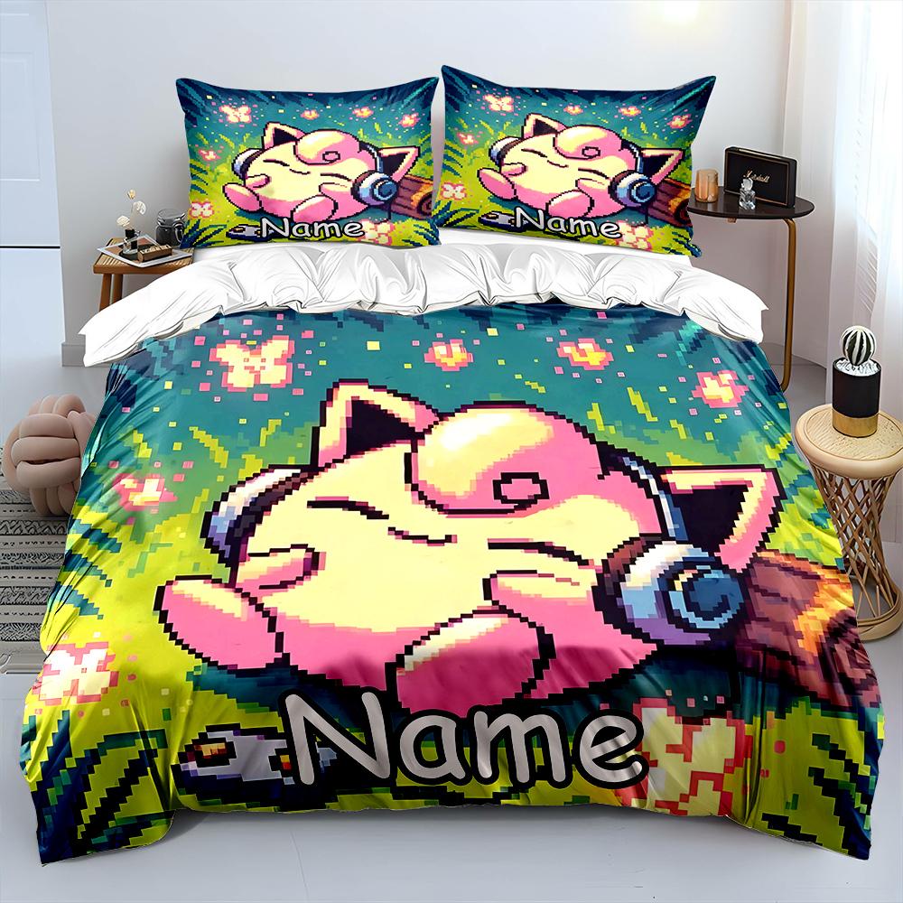 3Pc Personalization Name Custom Pokemon Pixels Printed Cartoon Bedding Set 1 Quilt Cover 2 Pillowcase Gifts For Kids And Adults
