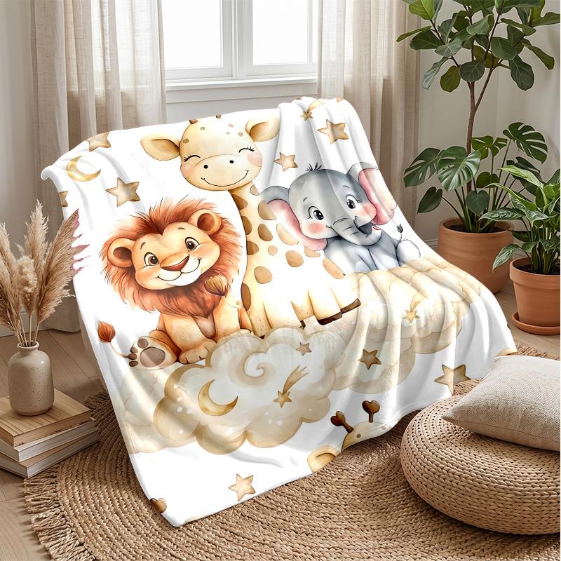 Giraffe, Lion, Elephant on Cloud with Stars Theme blanket Lightweight Warm Flannel Blanket Decorative Throw Blanket for Home Decoration